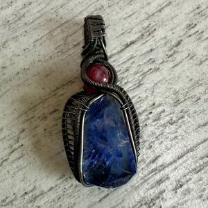 Tanzanite & Ruby Oxidized Silver Wire Wrapped Pendant